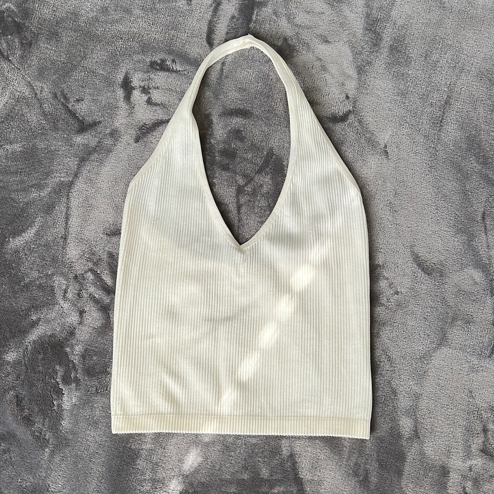 White Ribbed V-neck Halter Top